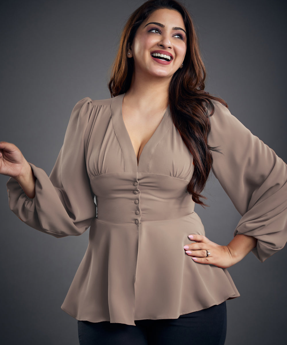 brown vneck front slit hem blouse