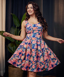 waistless scoop neck printed blue dress