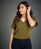 khaki chiffon top with a button