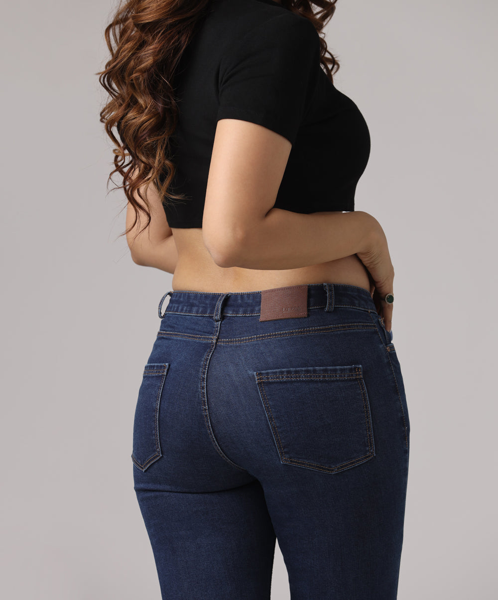 dark blue calf length slit jean