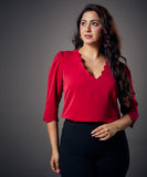 neck scalloped half sleeve red top