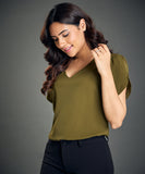 khaki chiffon top with a button