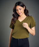 khaki chiffon top with a button