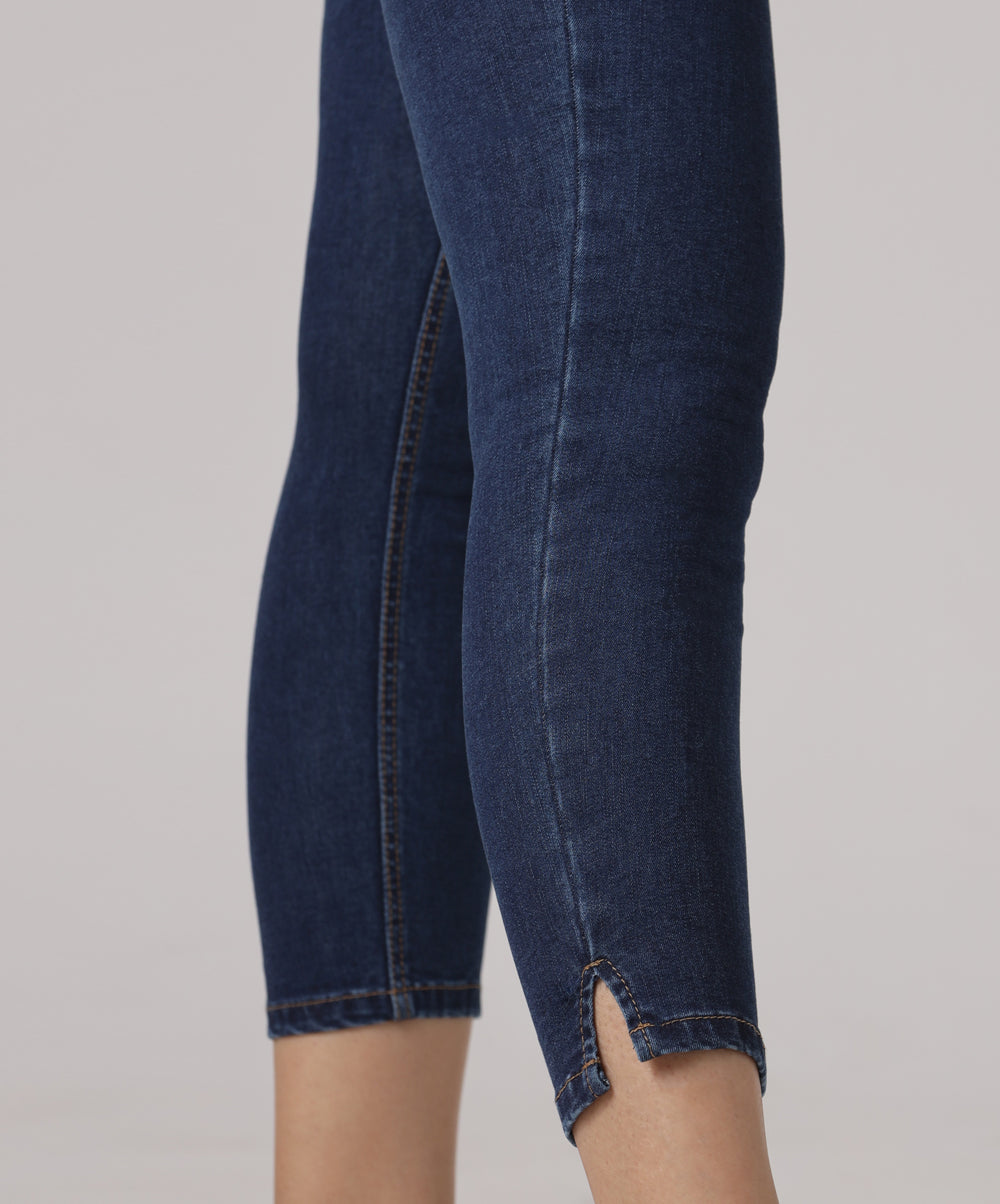 dark blue calf length slit jean