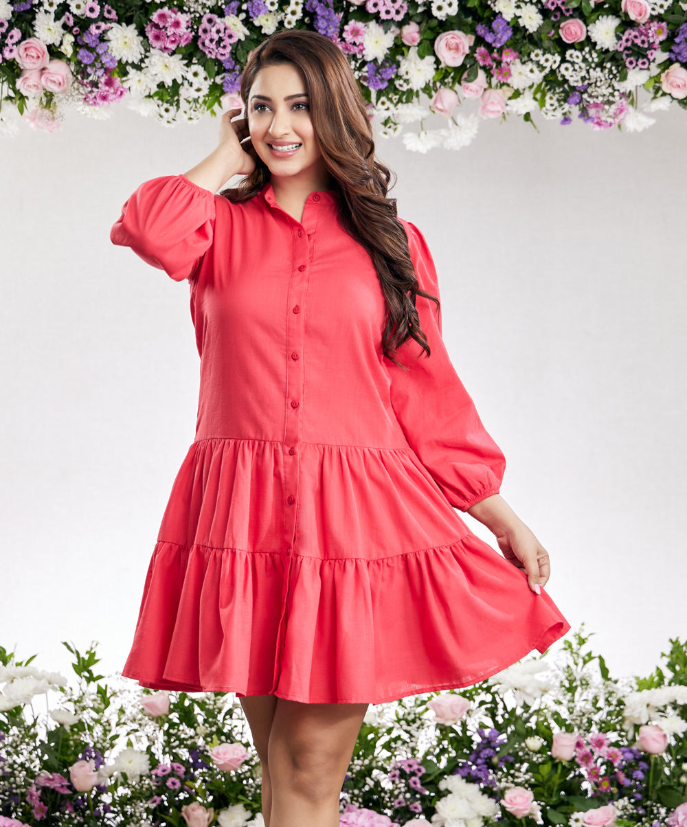 mini puffed sleeve red cotton dress