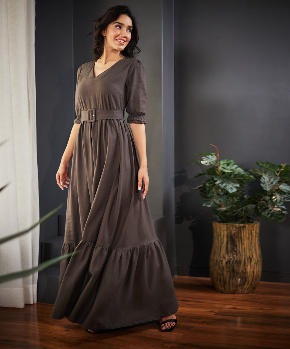 vneck linen maxi dress with belt