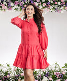 mini puffed sleeve red cotton dress