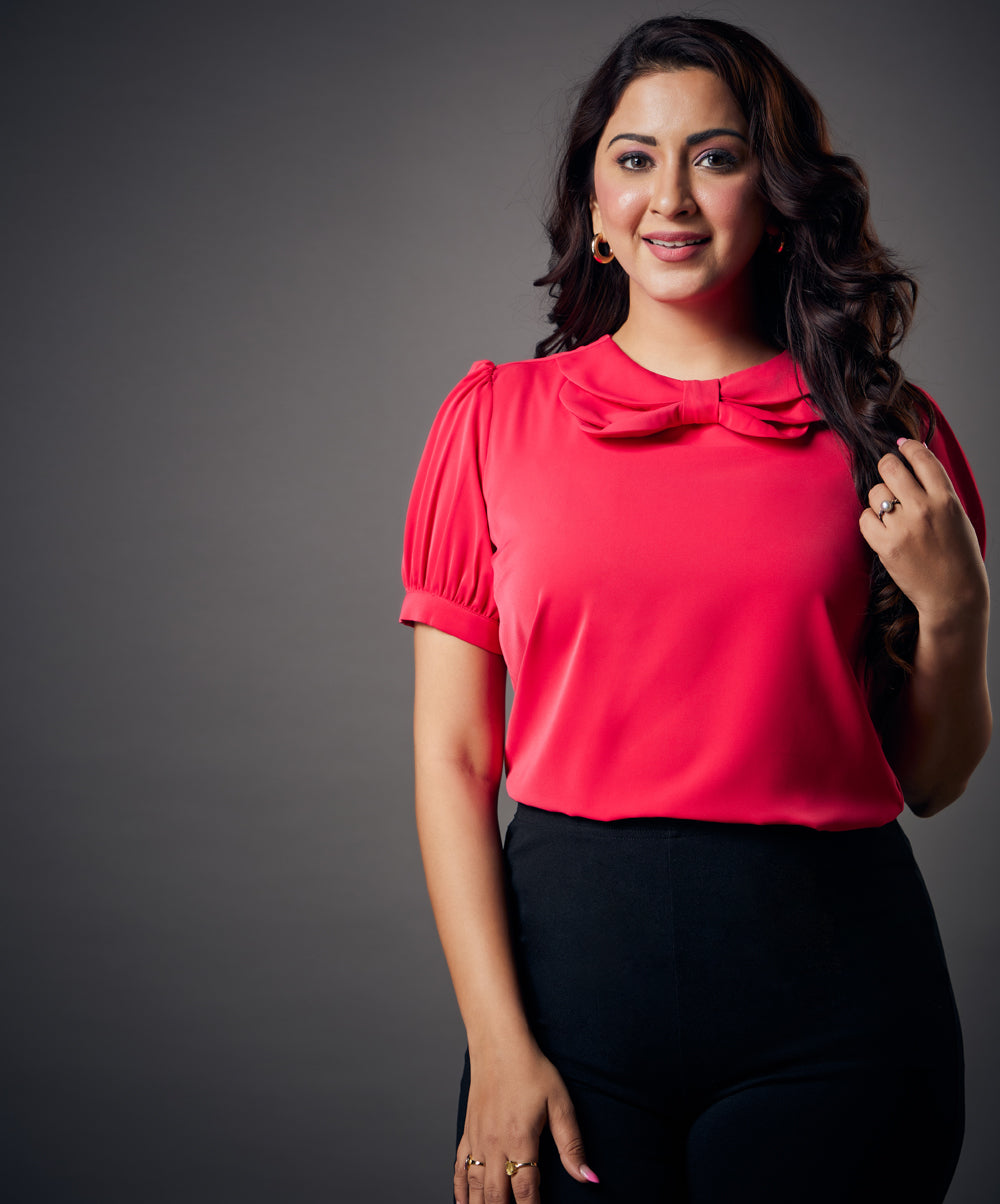 peterpan collar sleeve elasticated hot pink top