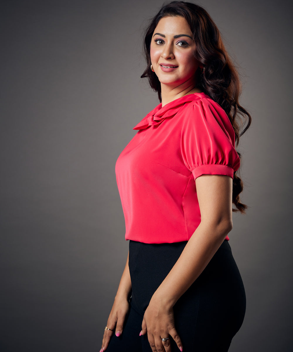 peterpan collar sleeve elasticated hot pink top