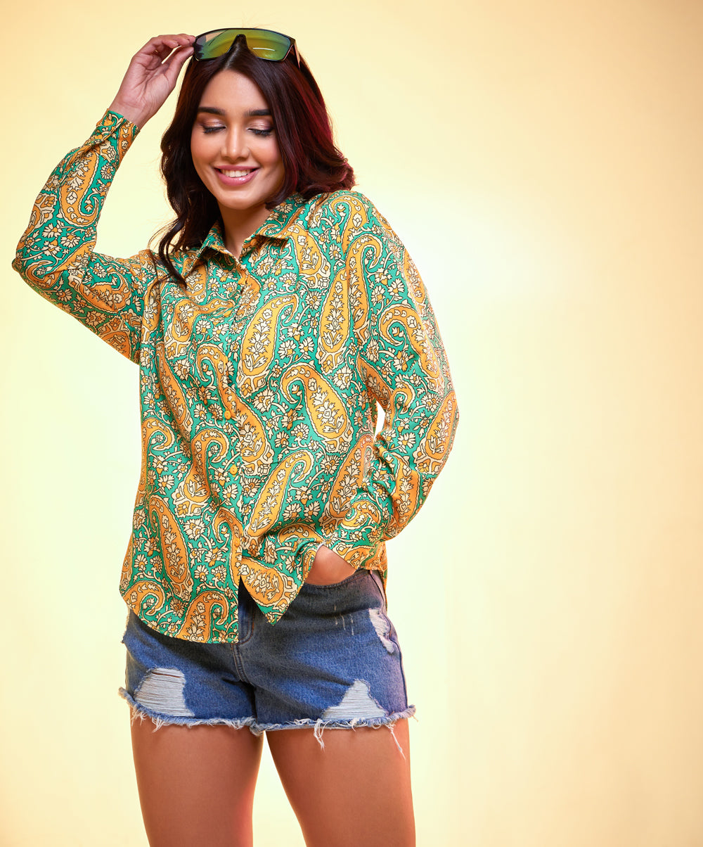 oversized yellow green printed shirt