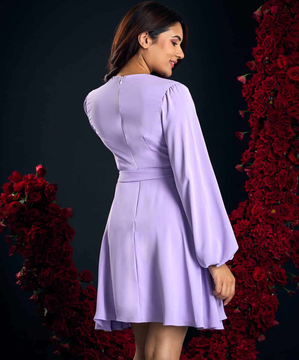 V Neck Lavender Lantern Sleeve Chiffon Dress