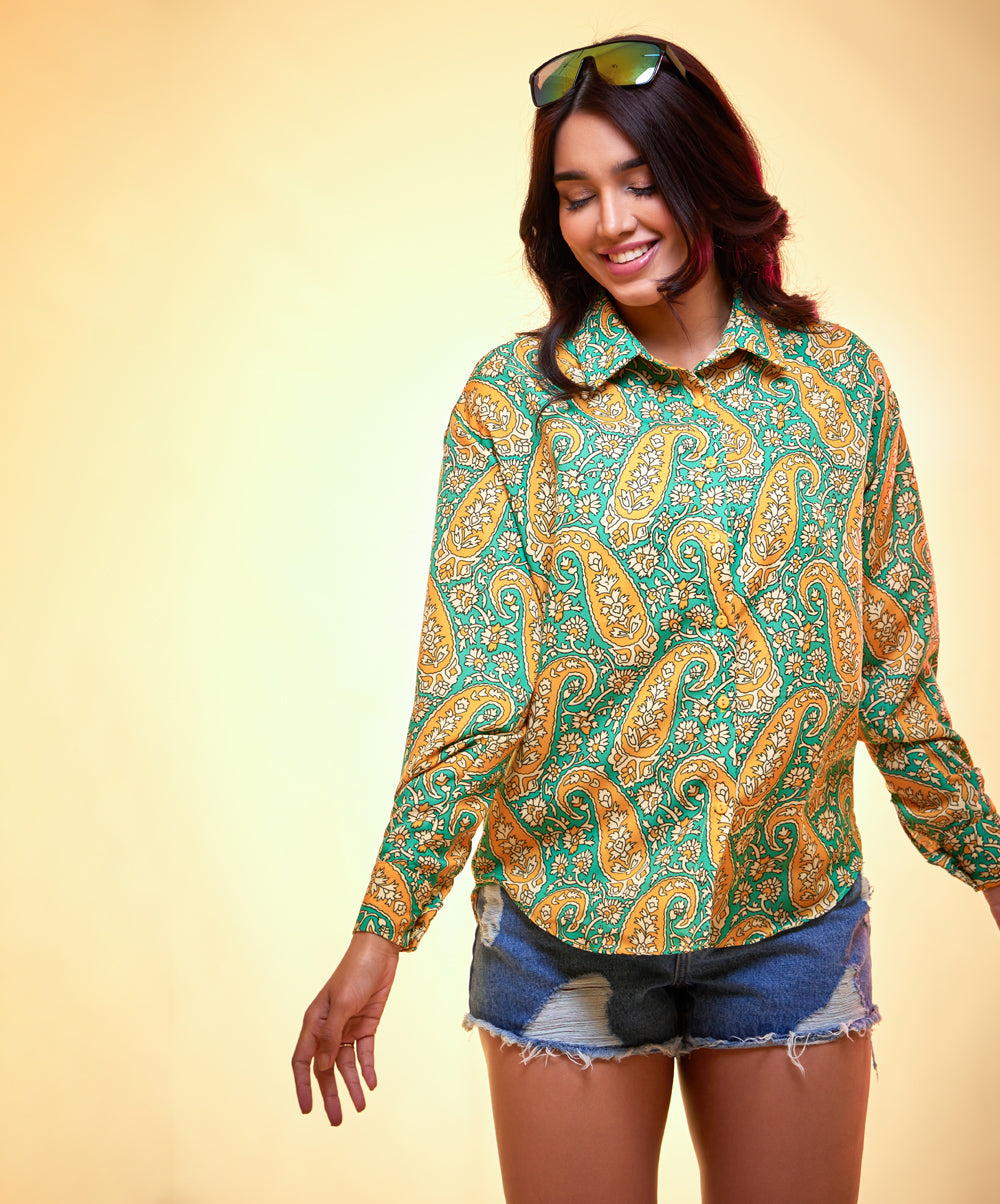 oversized yellow green printed shirt