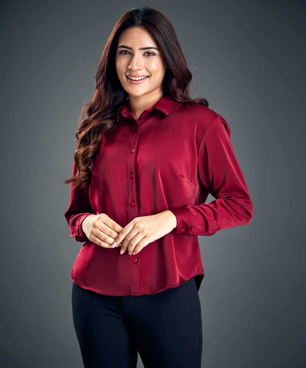 Maroon Work Wear Satin Shirt Blouse