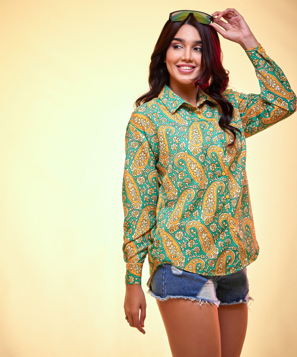 oversized yellow green printed shirt