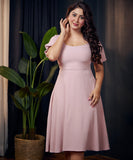 curve neck puffed sleeve pink dress