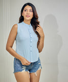 Sleeveless Cotton Textured Blue Top