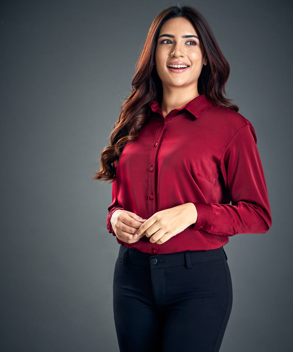 Maroon Work Wear Satin Shirt Blouse