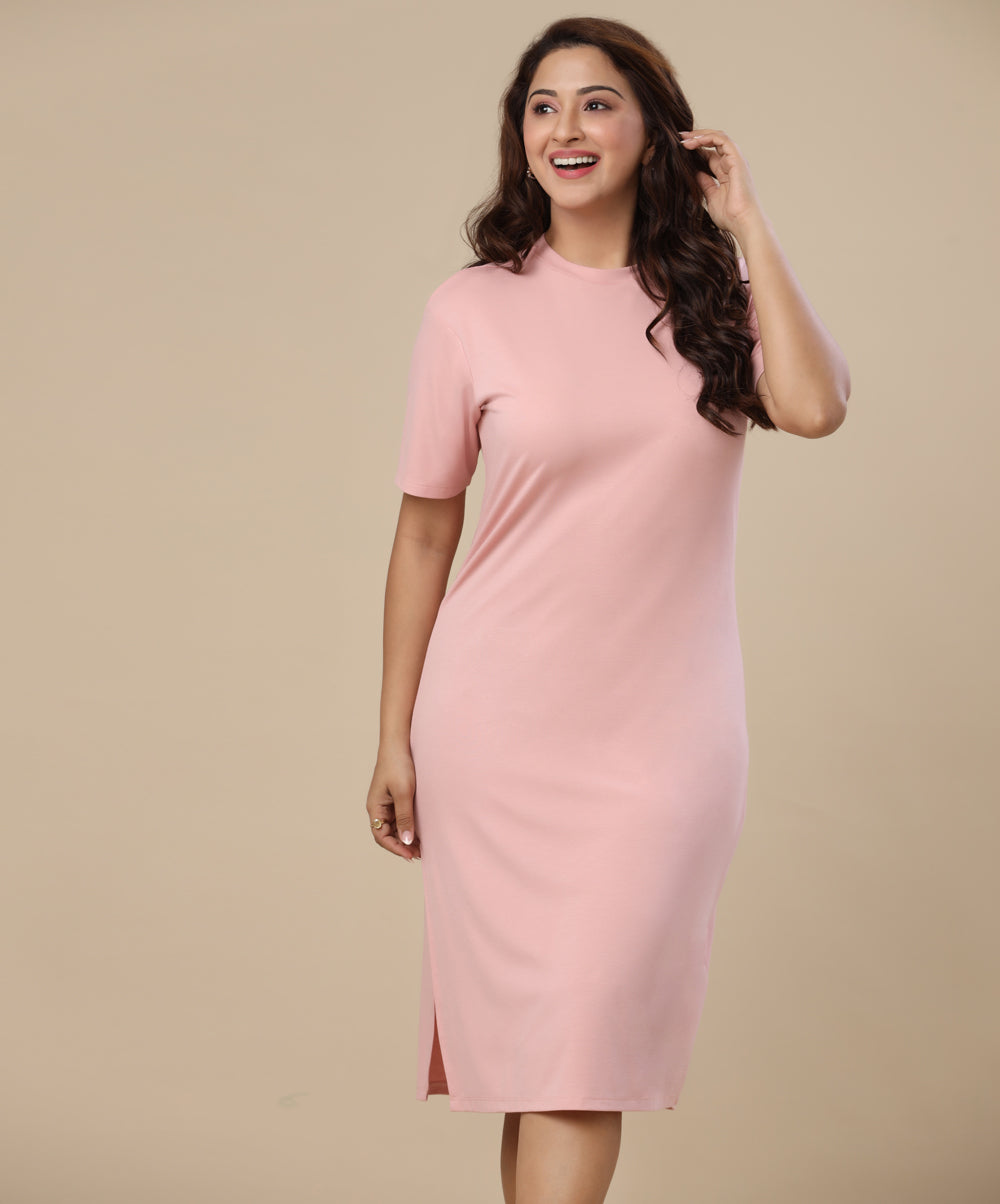 side slit pink midi dress