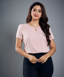 Neck Scalloped Puffed Sleeve Pink Top