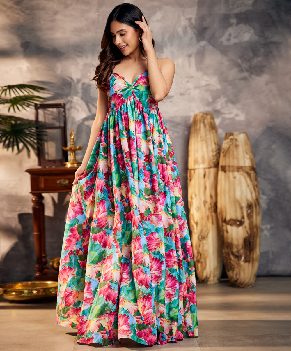 twisted green printed chiffon maxi