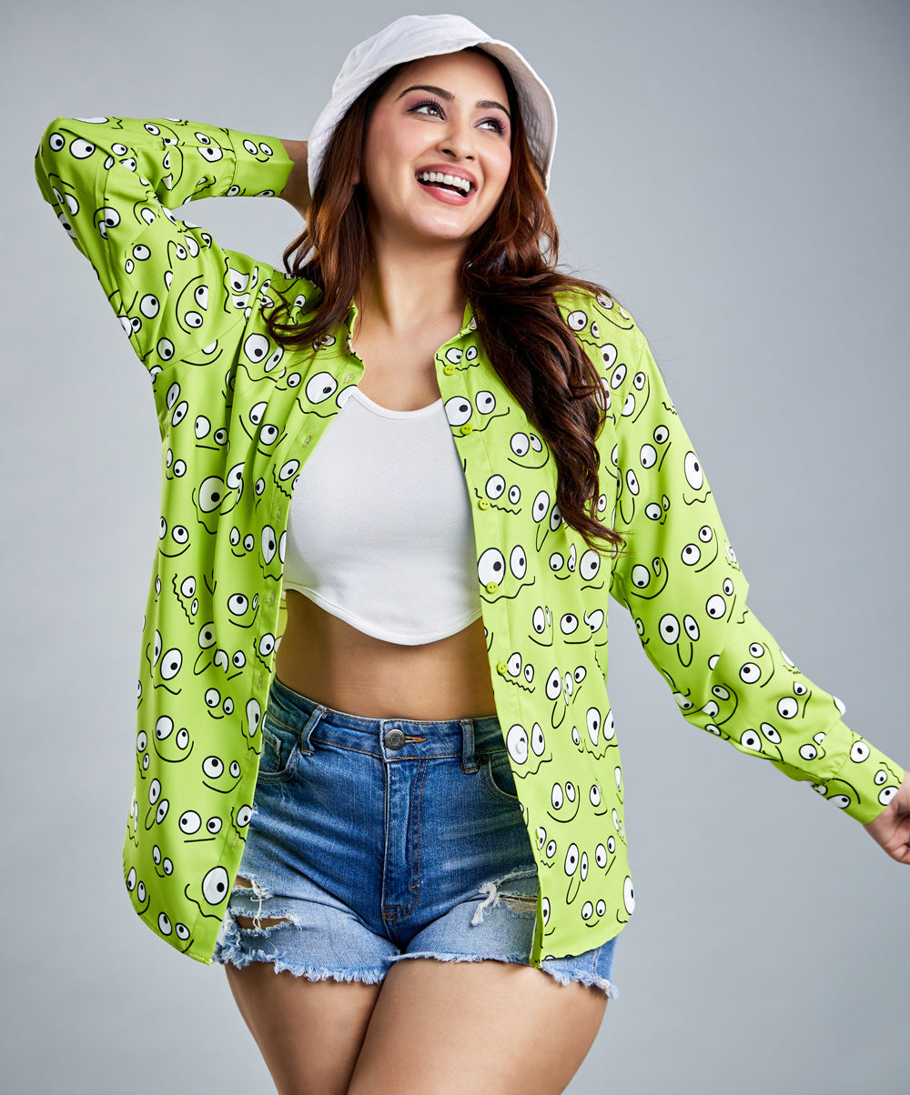 Oversized Chiffon Emotions Printed Green Shirt