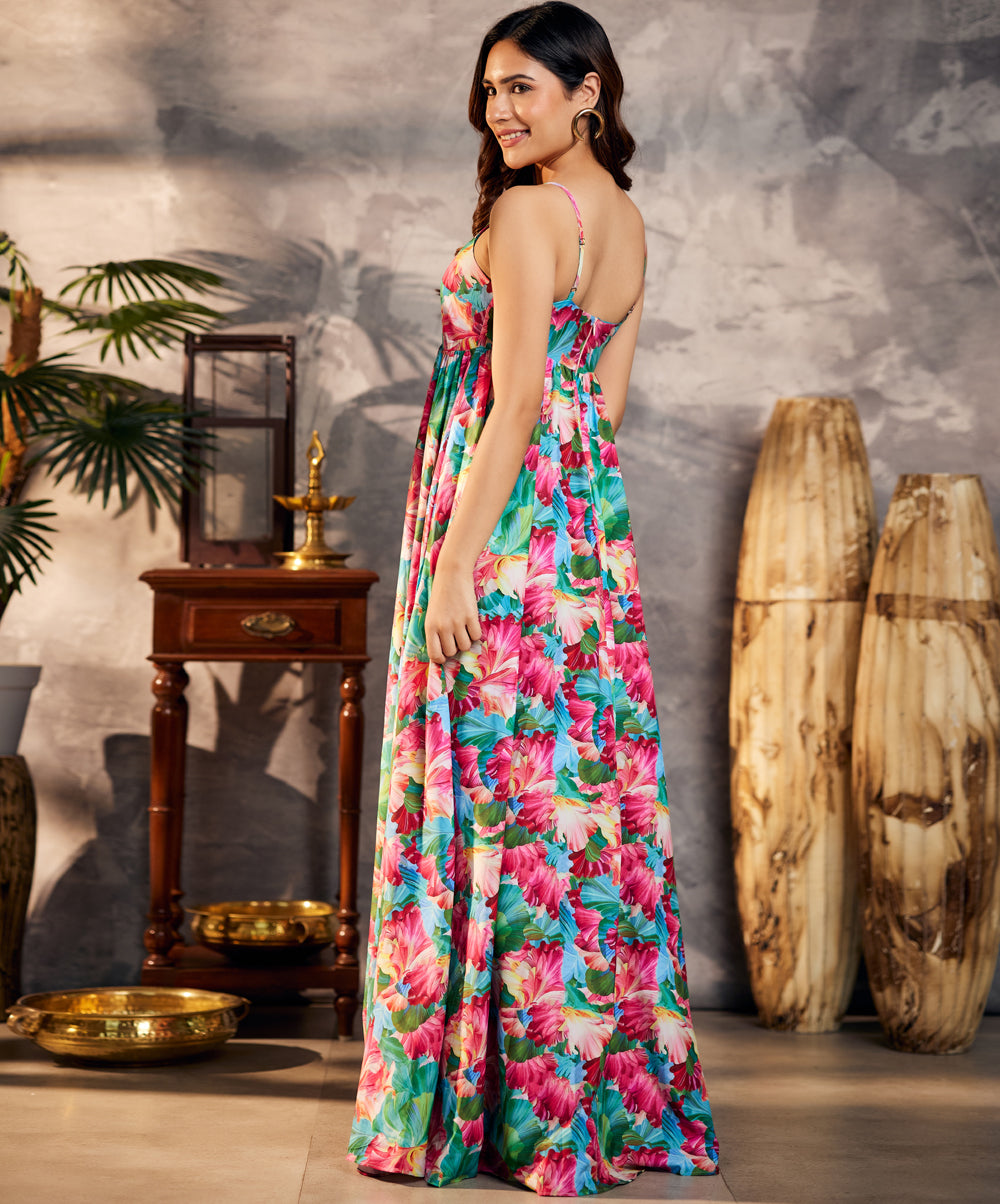 twisted green printed chiffon maxi