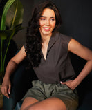 lapel vneck linen olive top