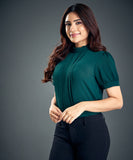 Front Pintuck Neck Band Green Top