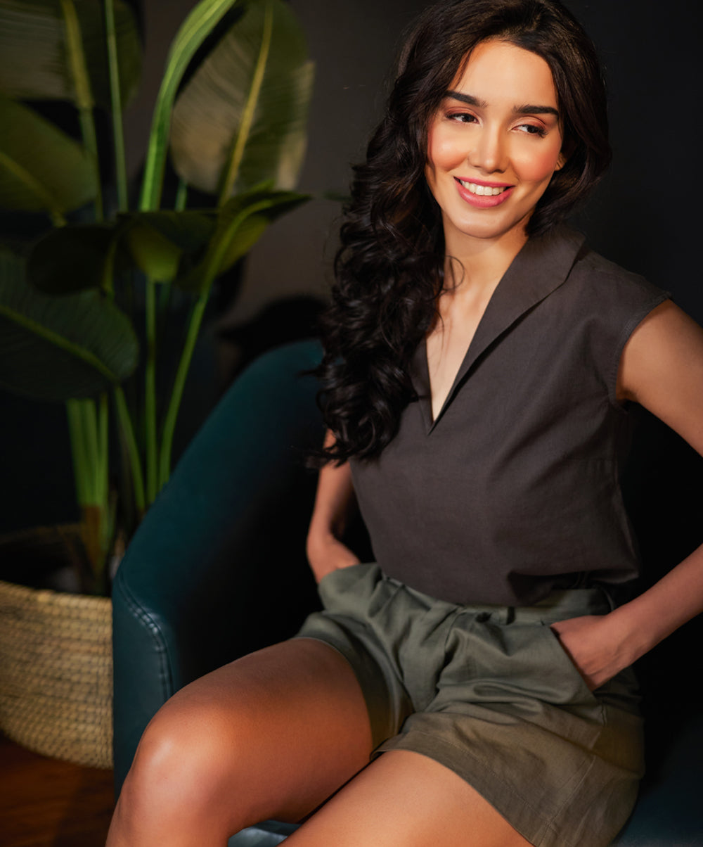 lapel vneck linen olive top