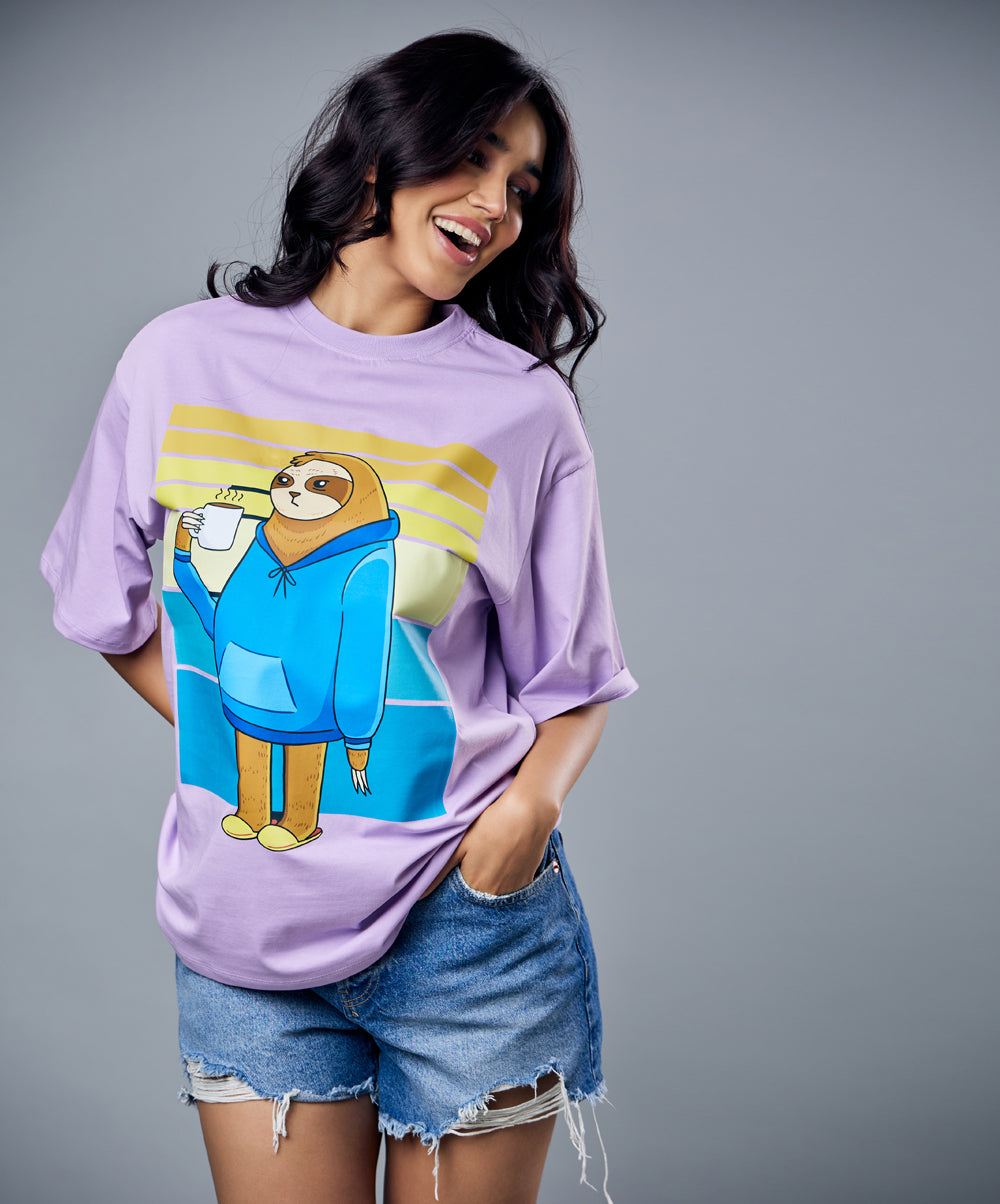 coffee drinking sloth oversized tshirt