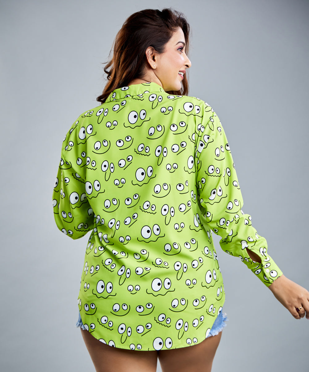 Oversized Chiffon Emotions Printed Green Shirt