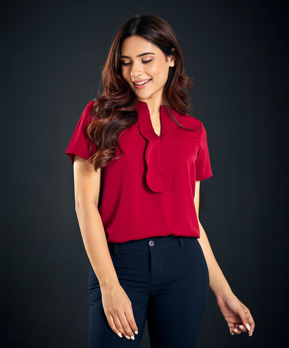 front scalloped red top