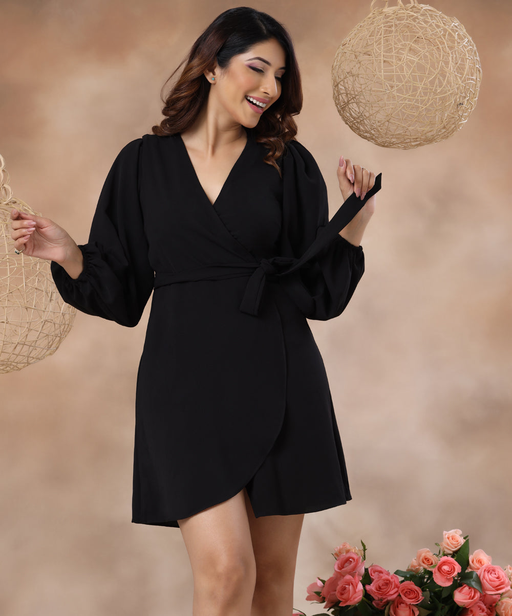 lantern sleeve belted wrap dress