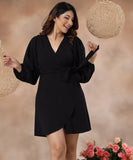 lantern sleeve belted wrap dress
