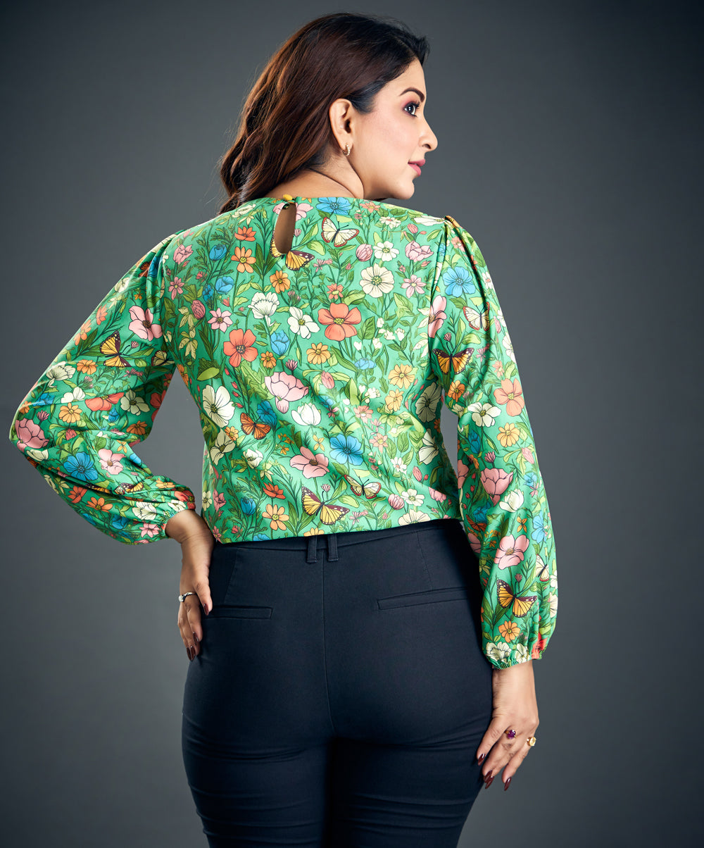 Green Floral Print Lantern Sleeve Blouse