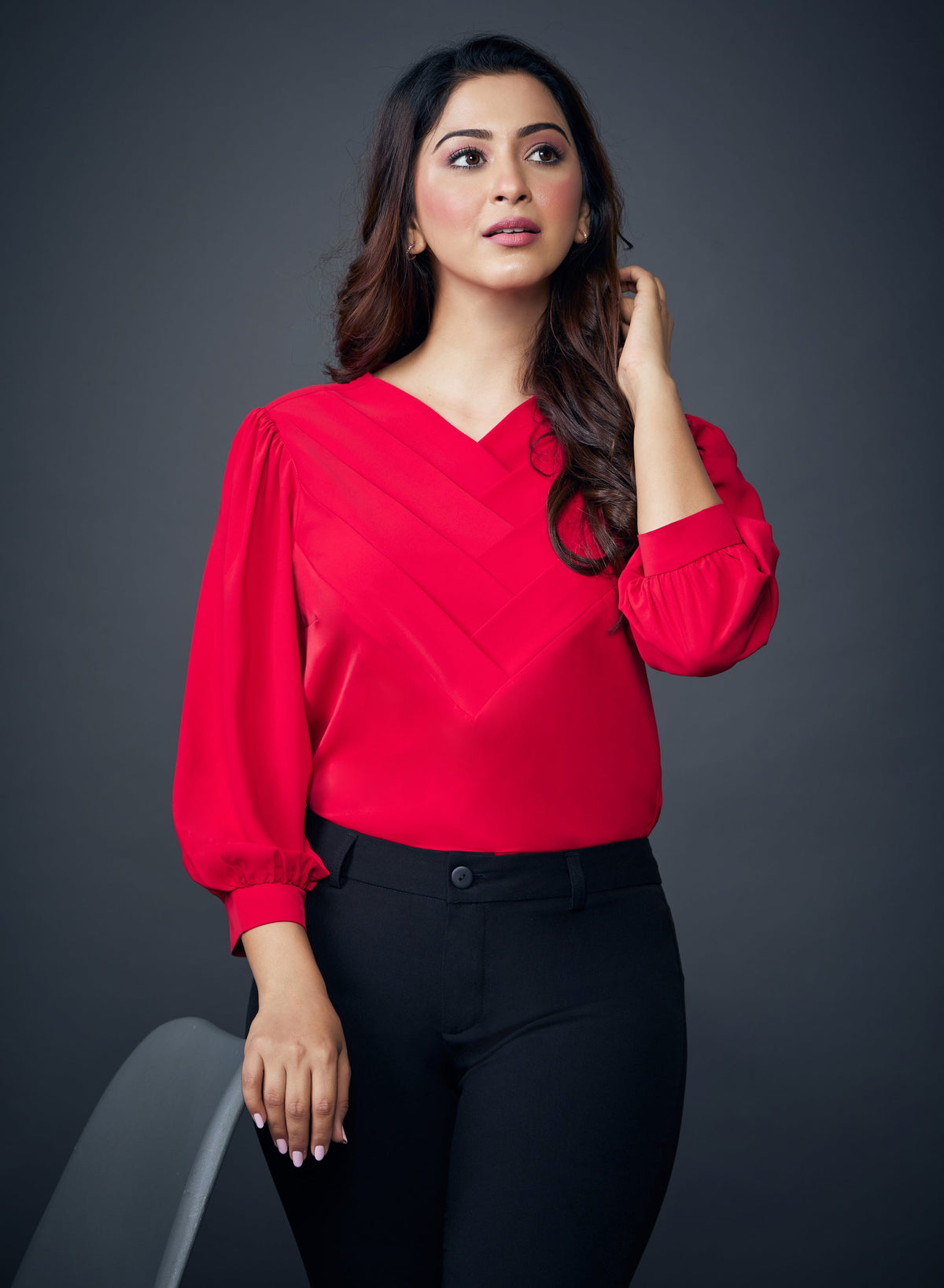 Side Pleated Vneck Half Sleeve Red Top