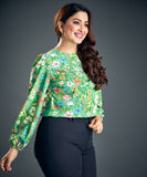 Green Floral Print Lantern Sleeve Blouse