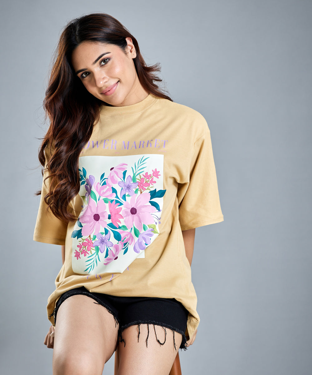 Oversize Beige Floral Print T-Shirt