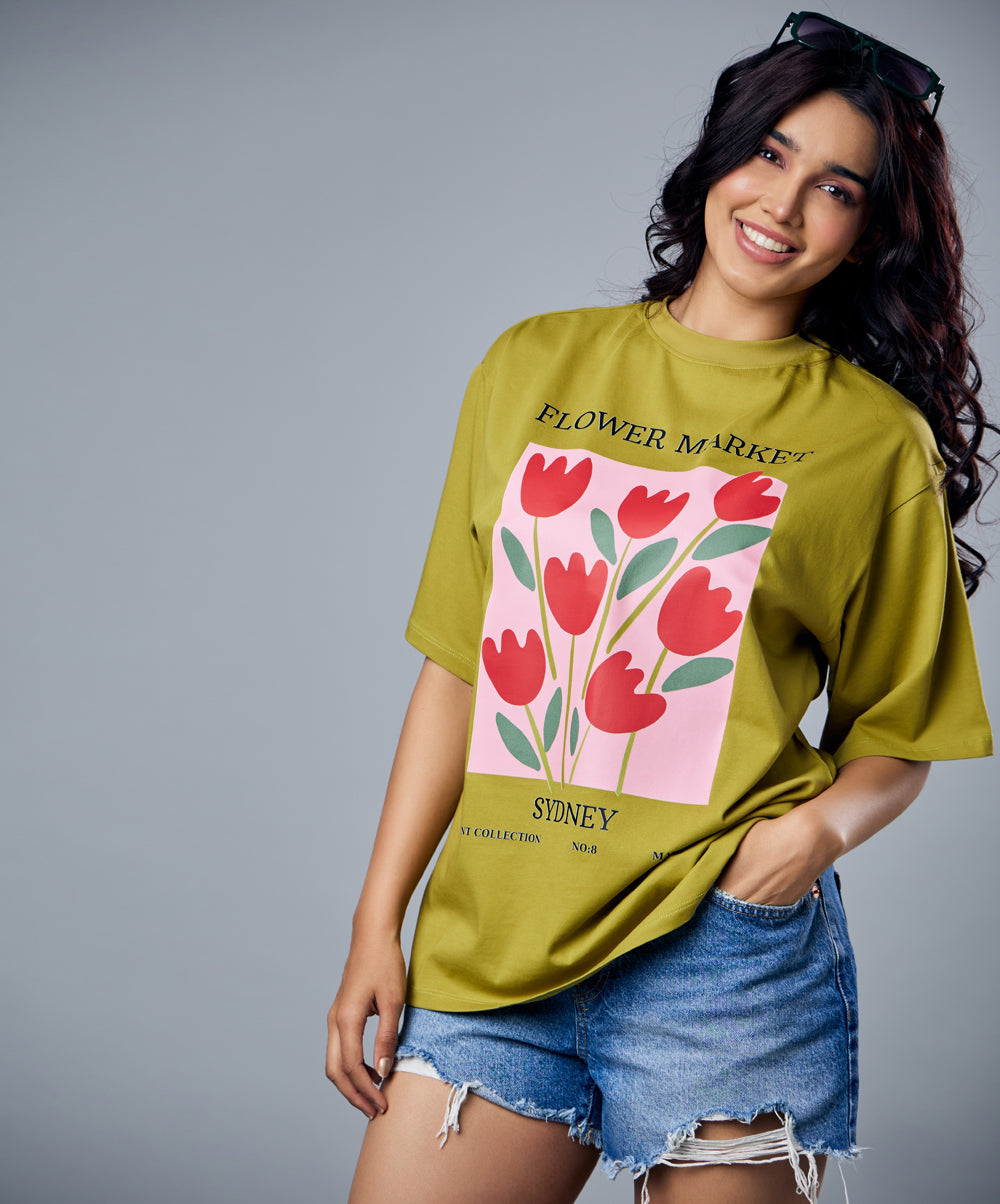 tulip flower market printed oversized tshirt