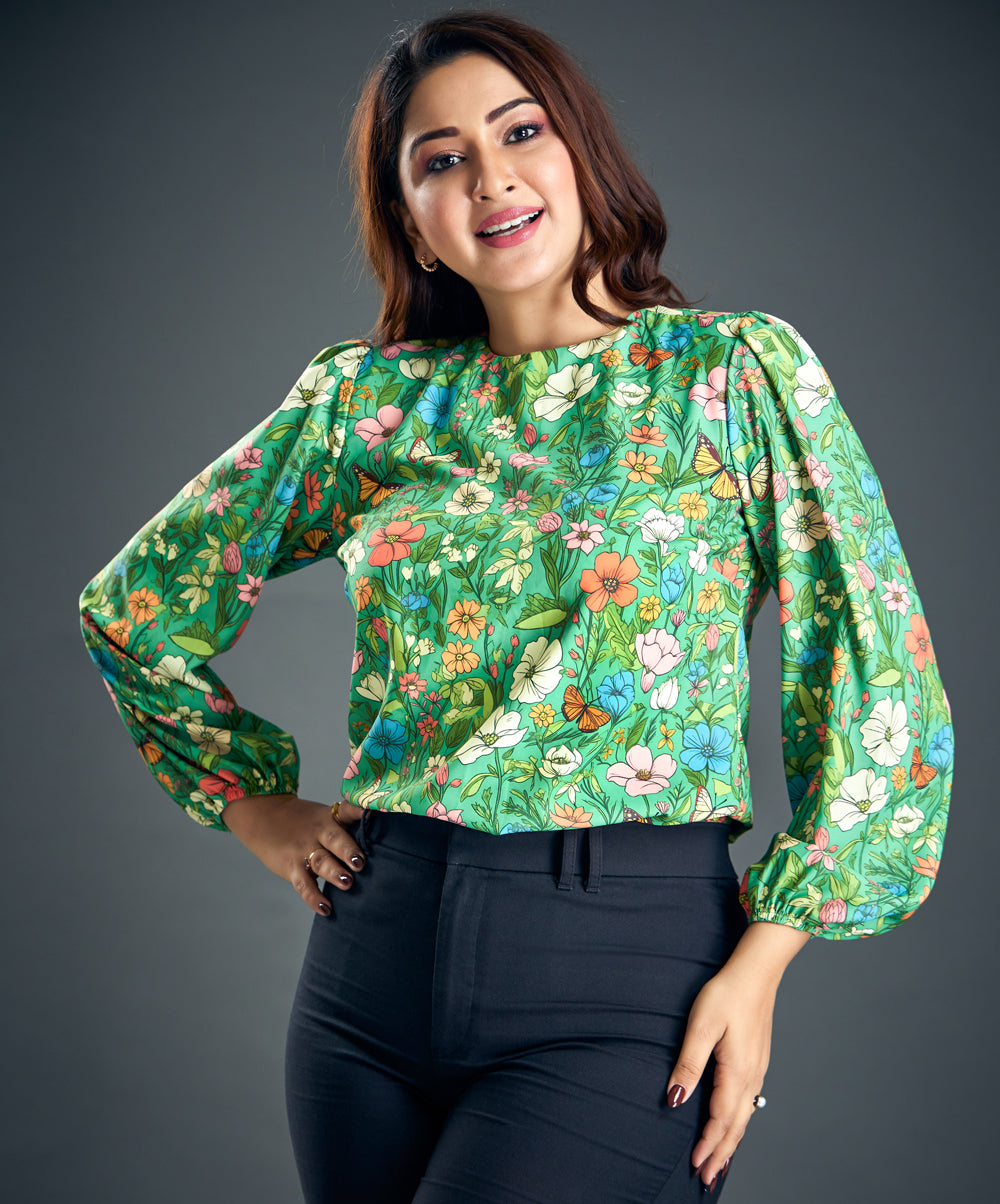 Green Floral Print Lantern Sleeve Blouse