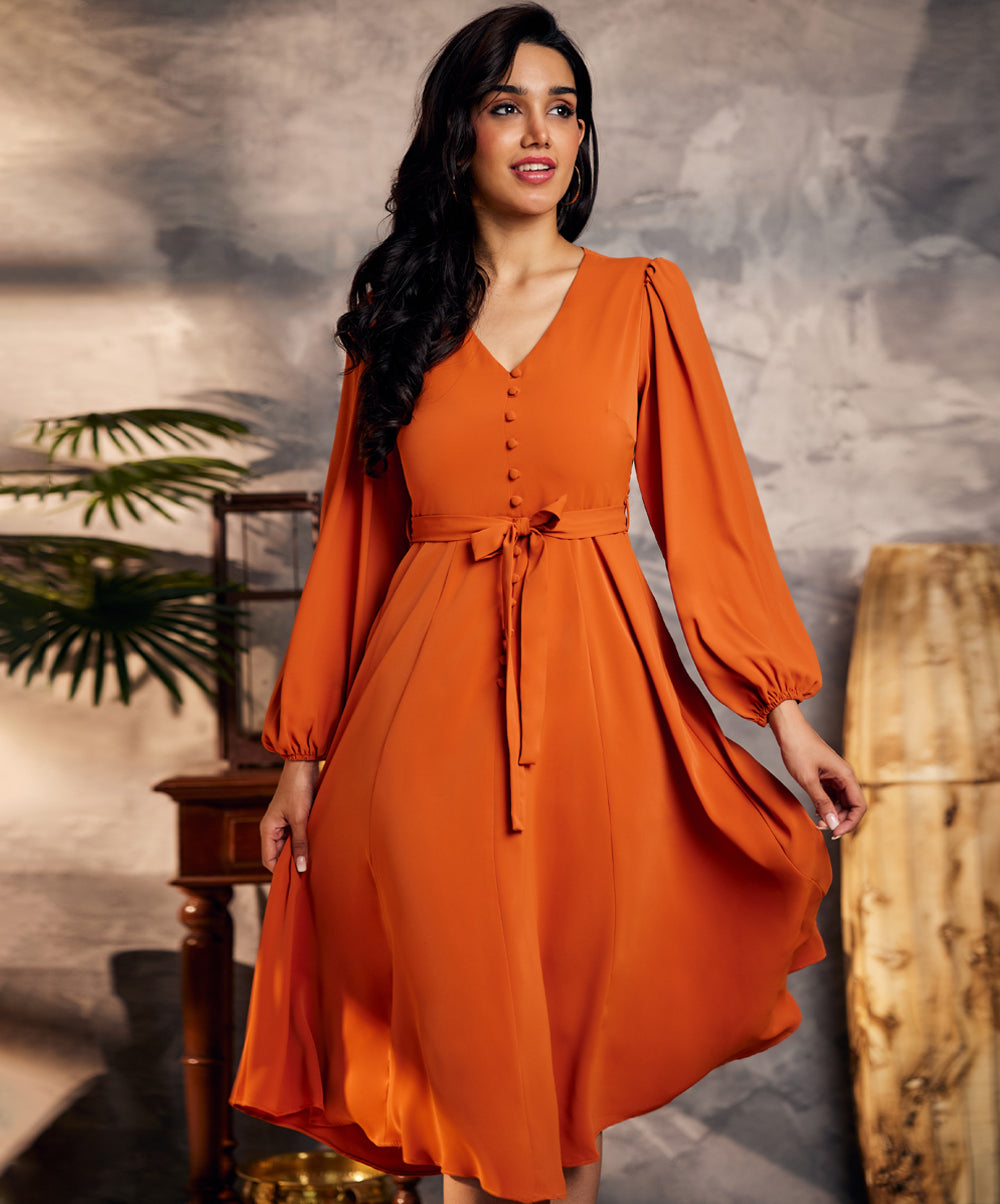 puffed sleeve front slit brown dress