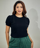 Trim Attached Short Sleeve Black Top