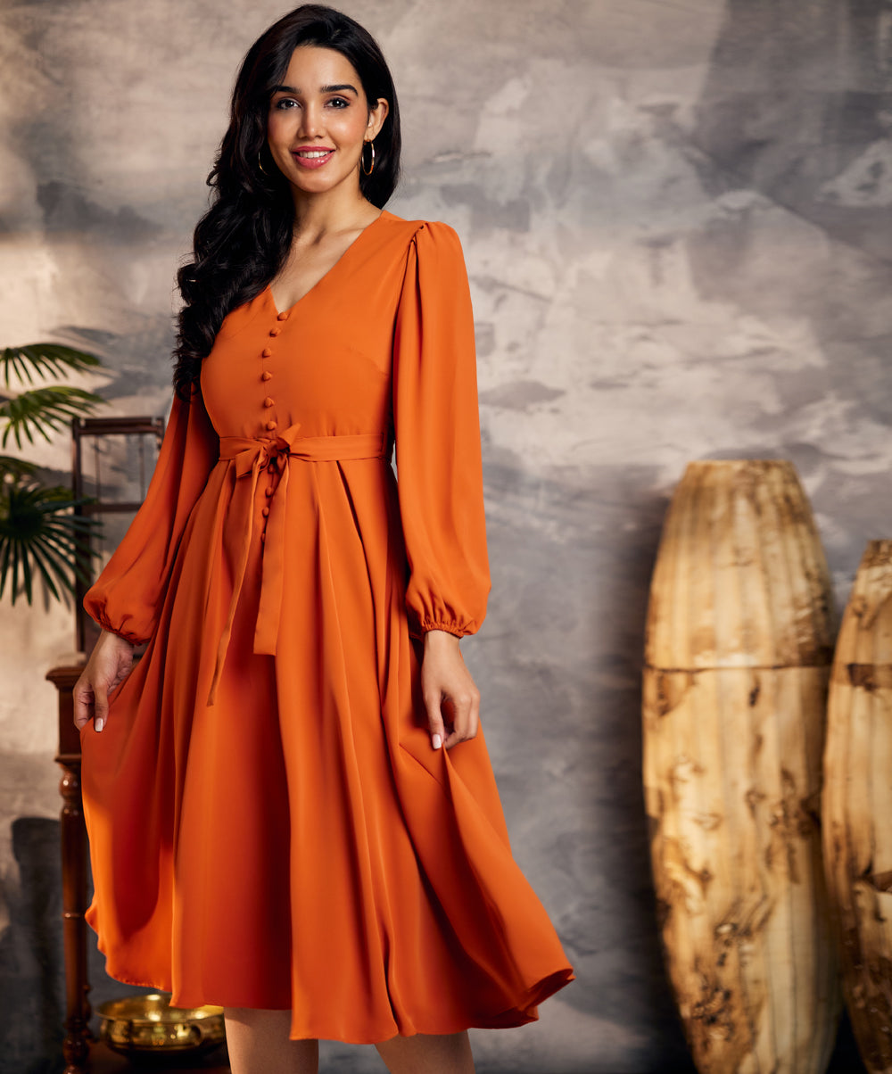 puffed sleeve front slit brown dress