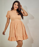 Cotton Puff Sleeve Ruffle Hem Flare Dress