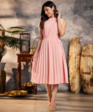 pleated high neck flowy pink dress