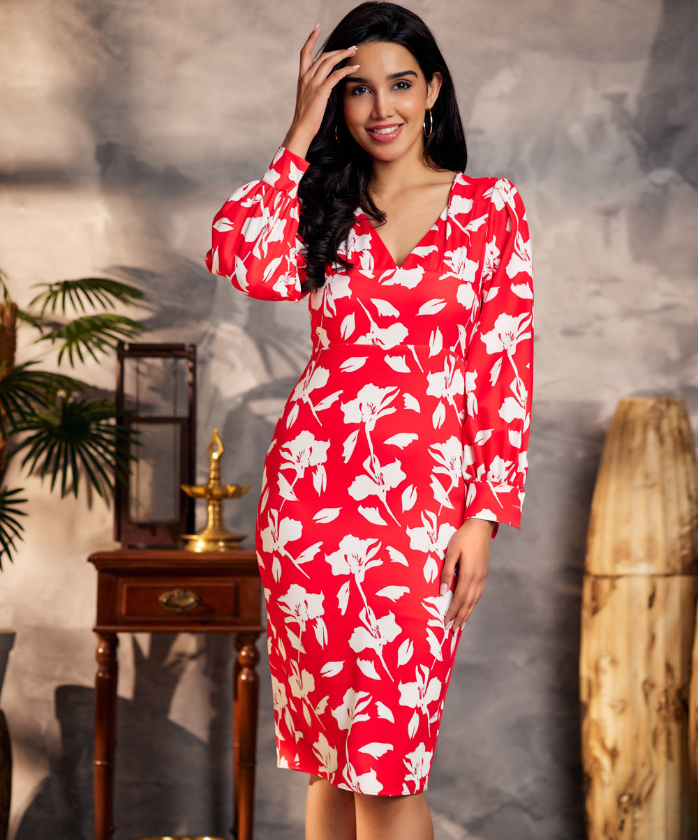 floral print front button red dress