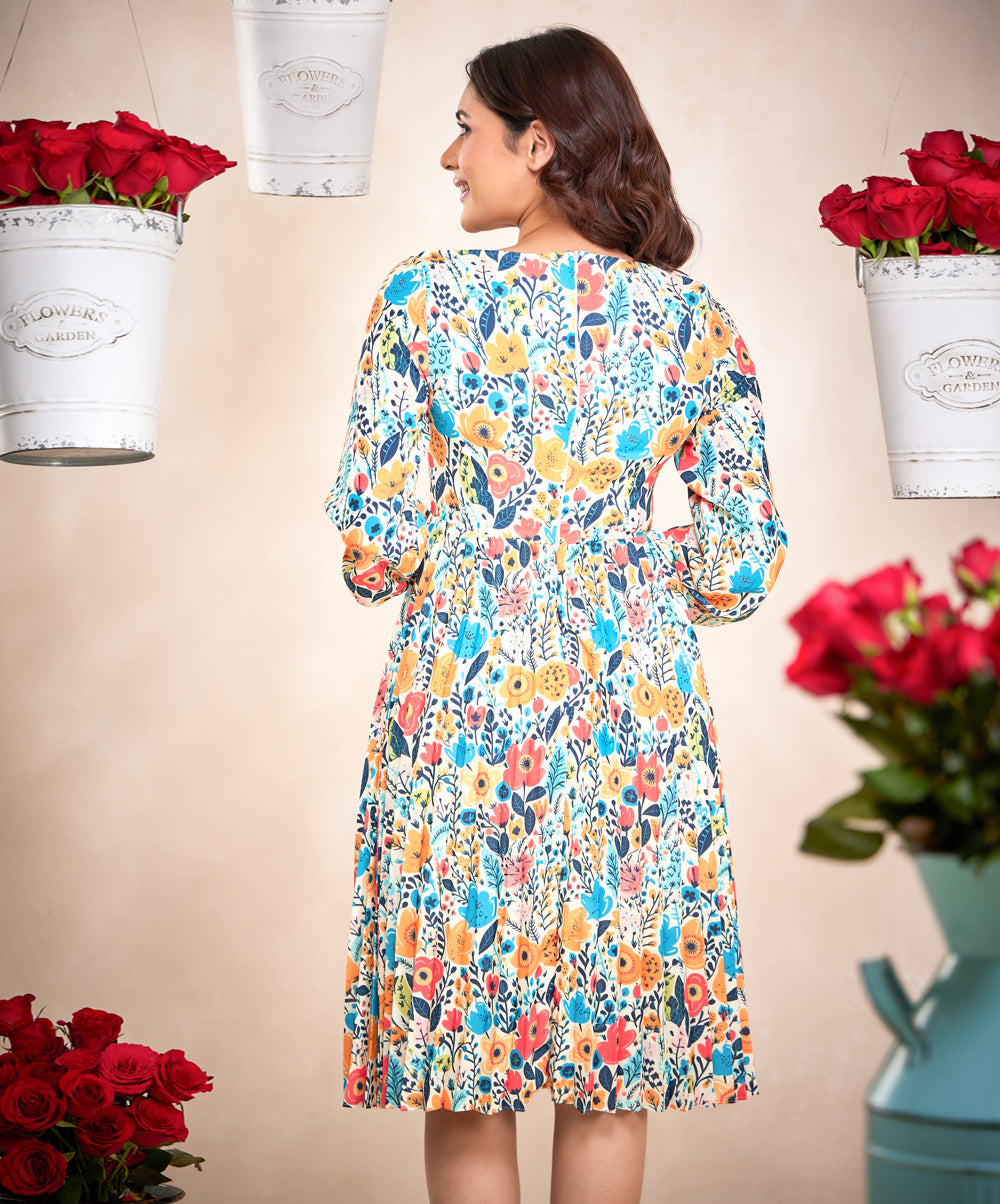 pleated long sleeve floral dress