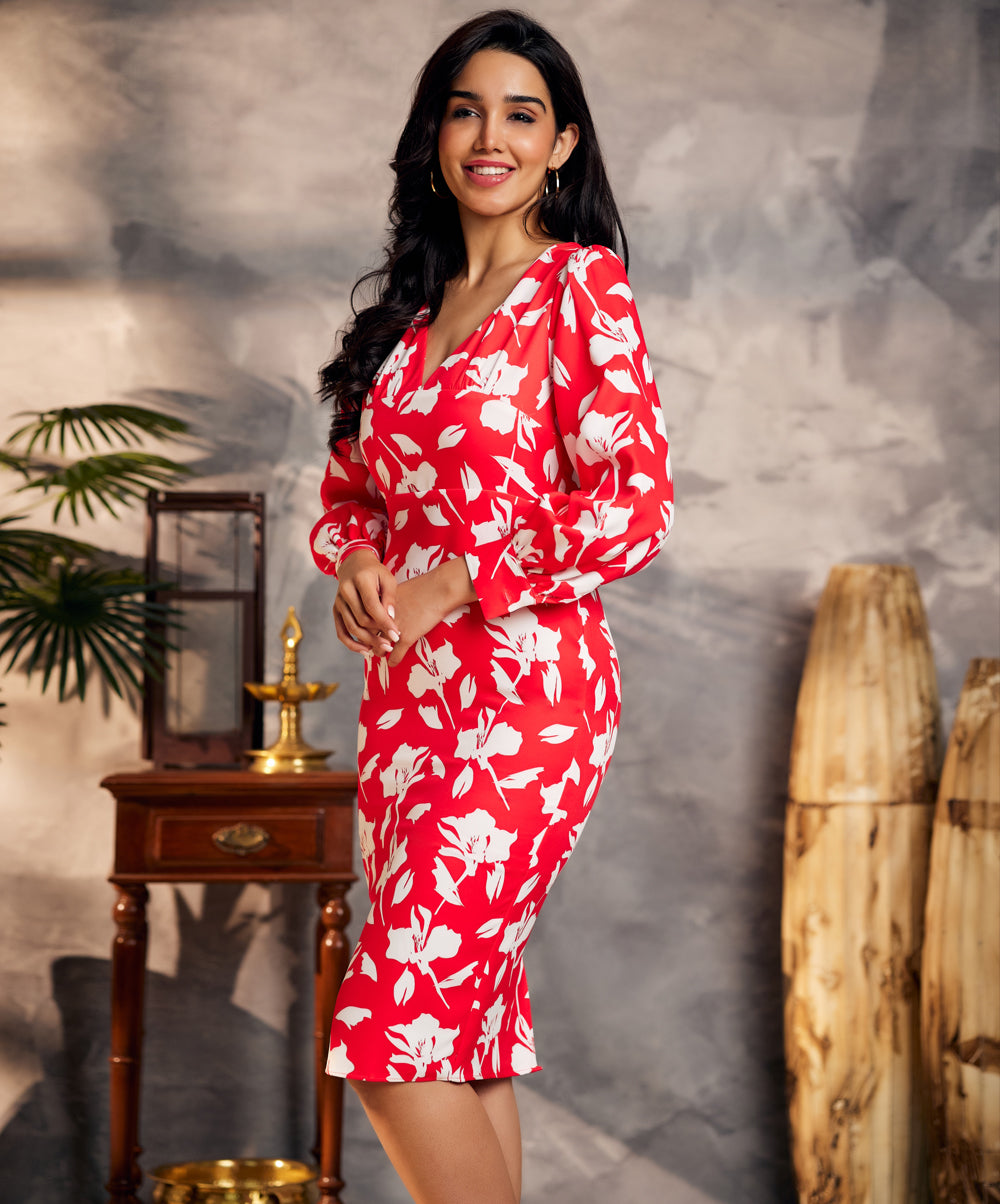 floral print front button red dress