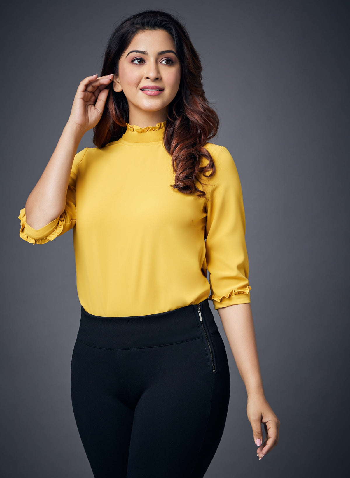 Neck And Sleeve Frilled Half Sleeve Yellow Top