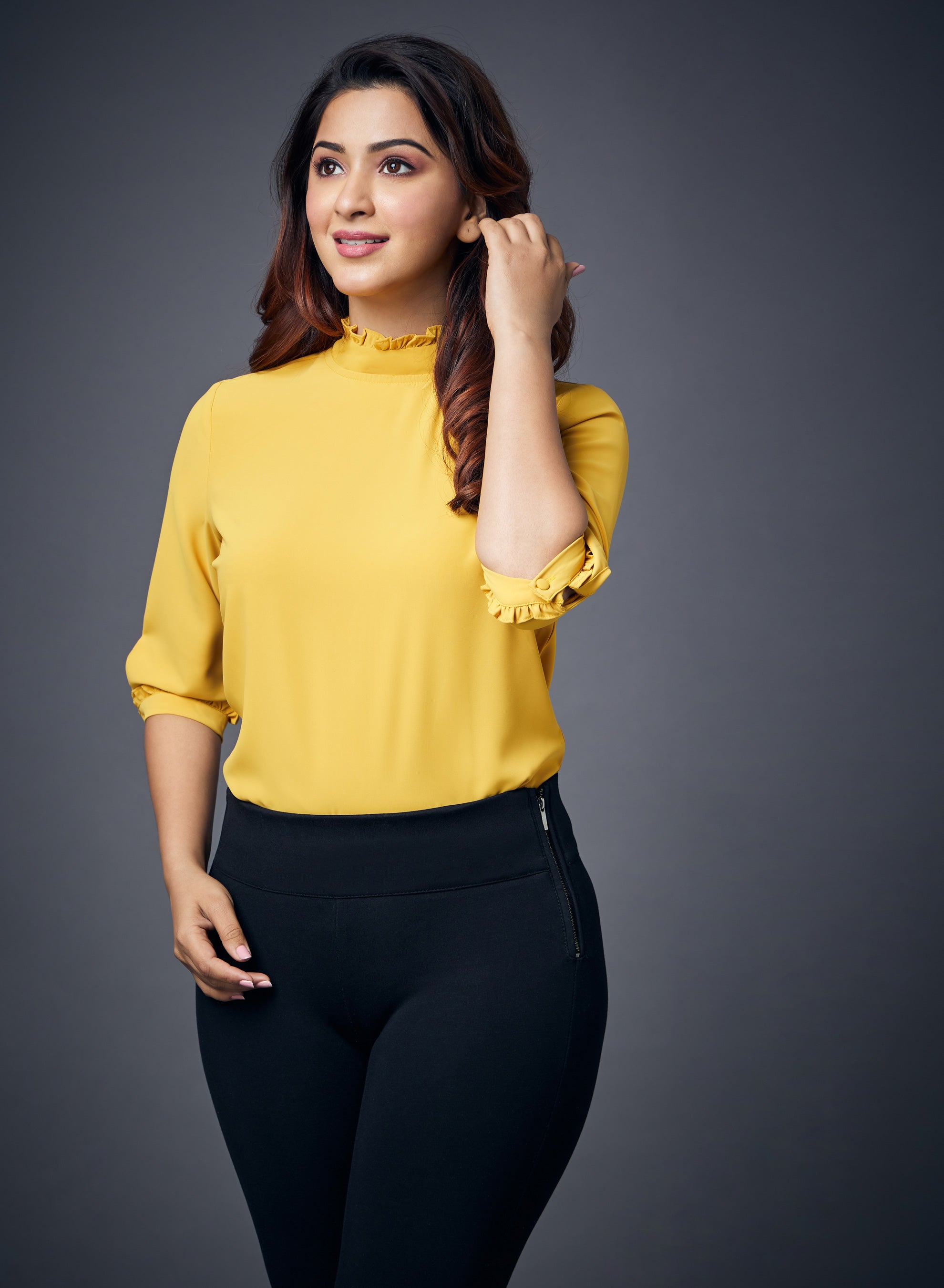 Neck And Sleeve Frilled Half Sleeve Yellow Top